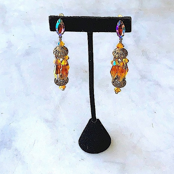 LEWIS SEGAL OF CALIFORNIA EARRINGS CLIP DANGLE AMBER AURORA BOREALIS - Picture 5 of 8